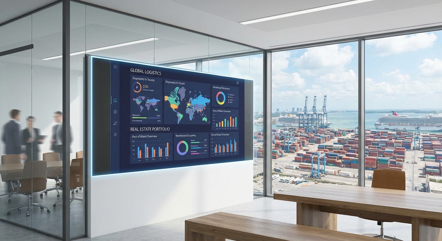 Modern logistics dashboard with Port of Miami backdrop