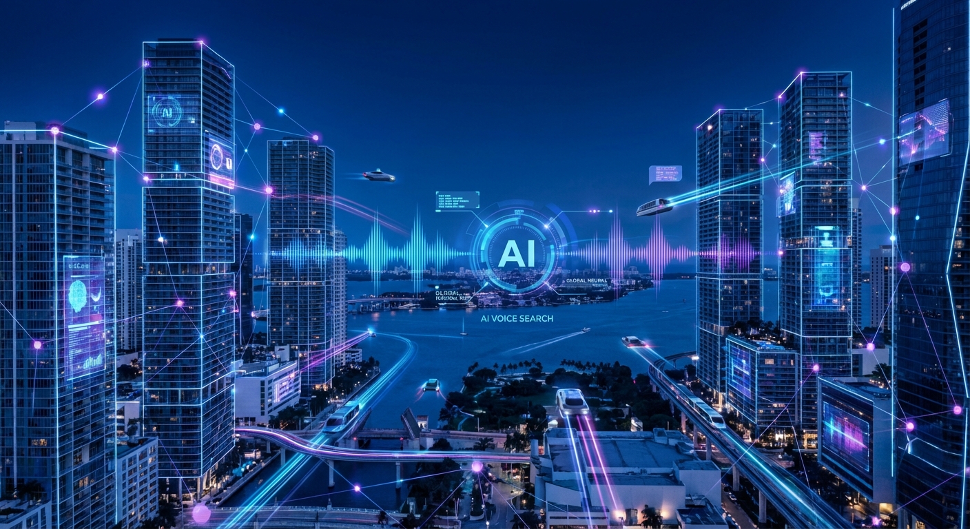 Futuristic Miami skyline with AI and voice search visualization