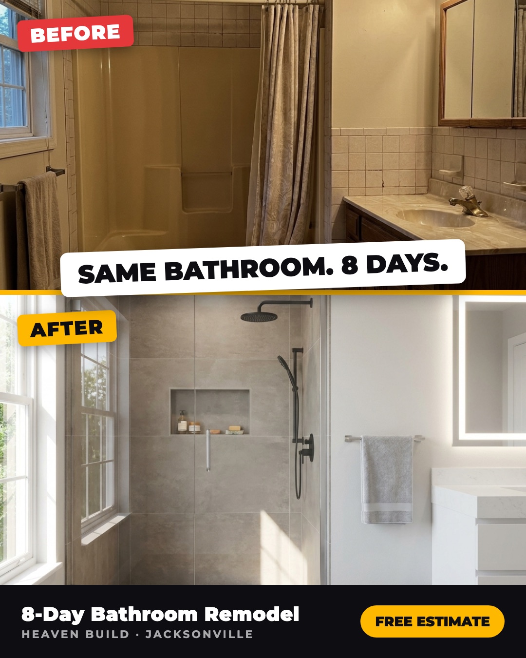 Meta ad creative: the same bathroom, before and after, in eight days