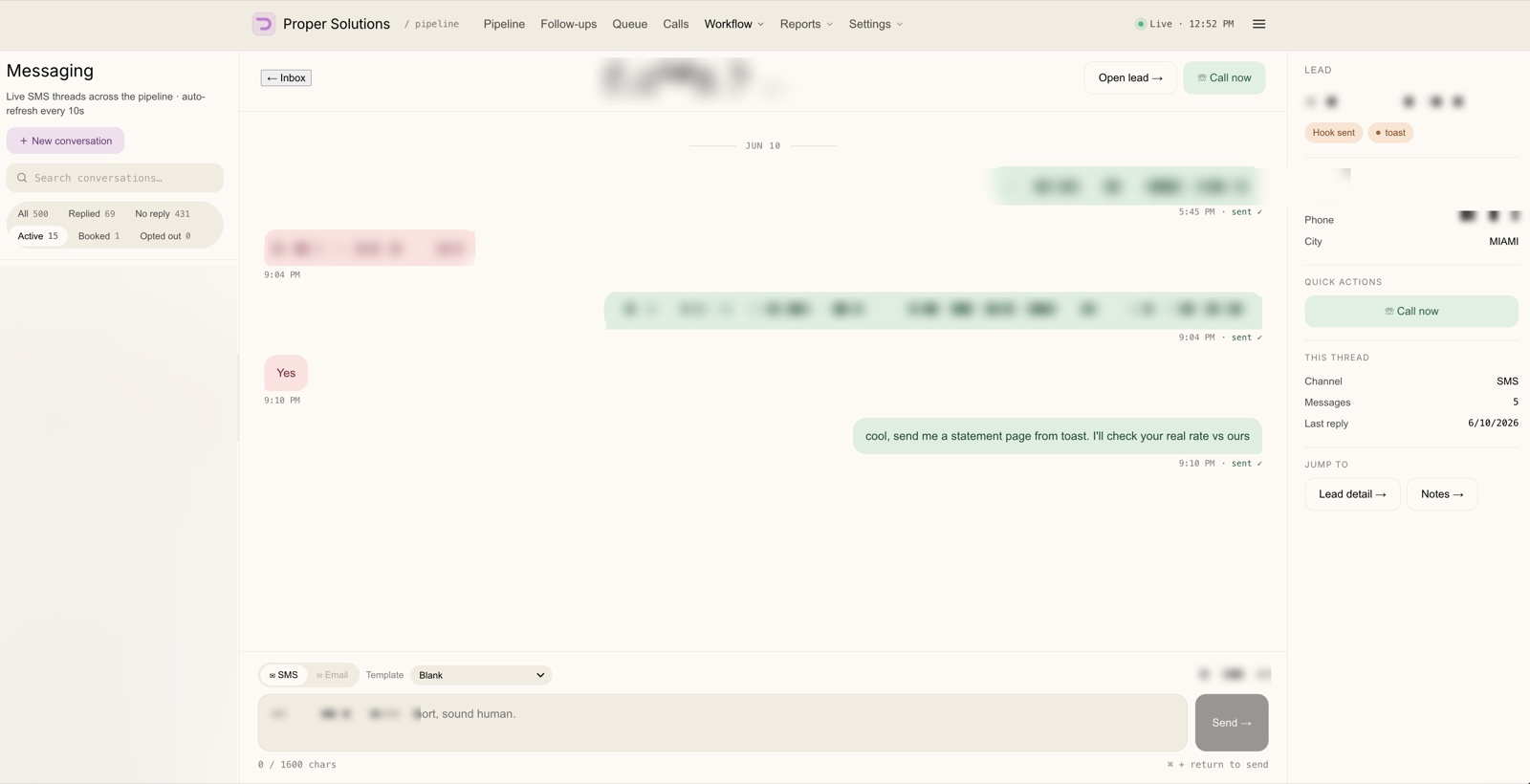 Proper Solutions: Live SMS outreach workspace, threaded per lead