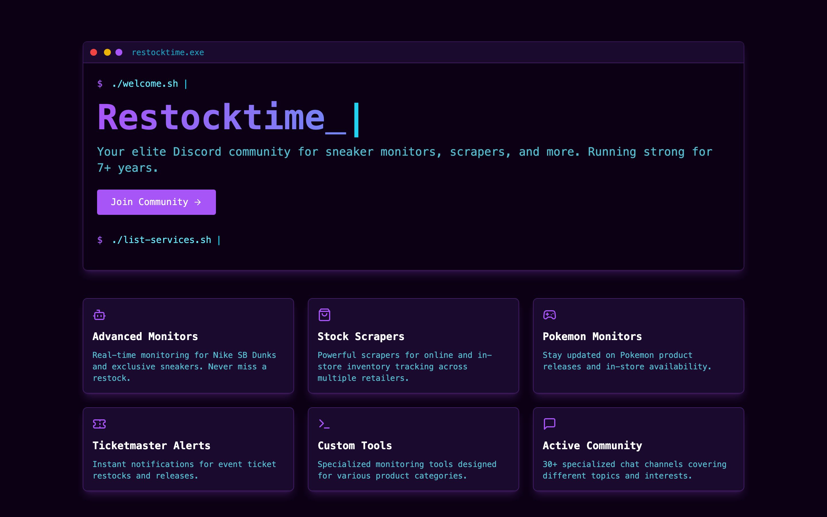 Restocktime: Landing page, terminal theme